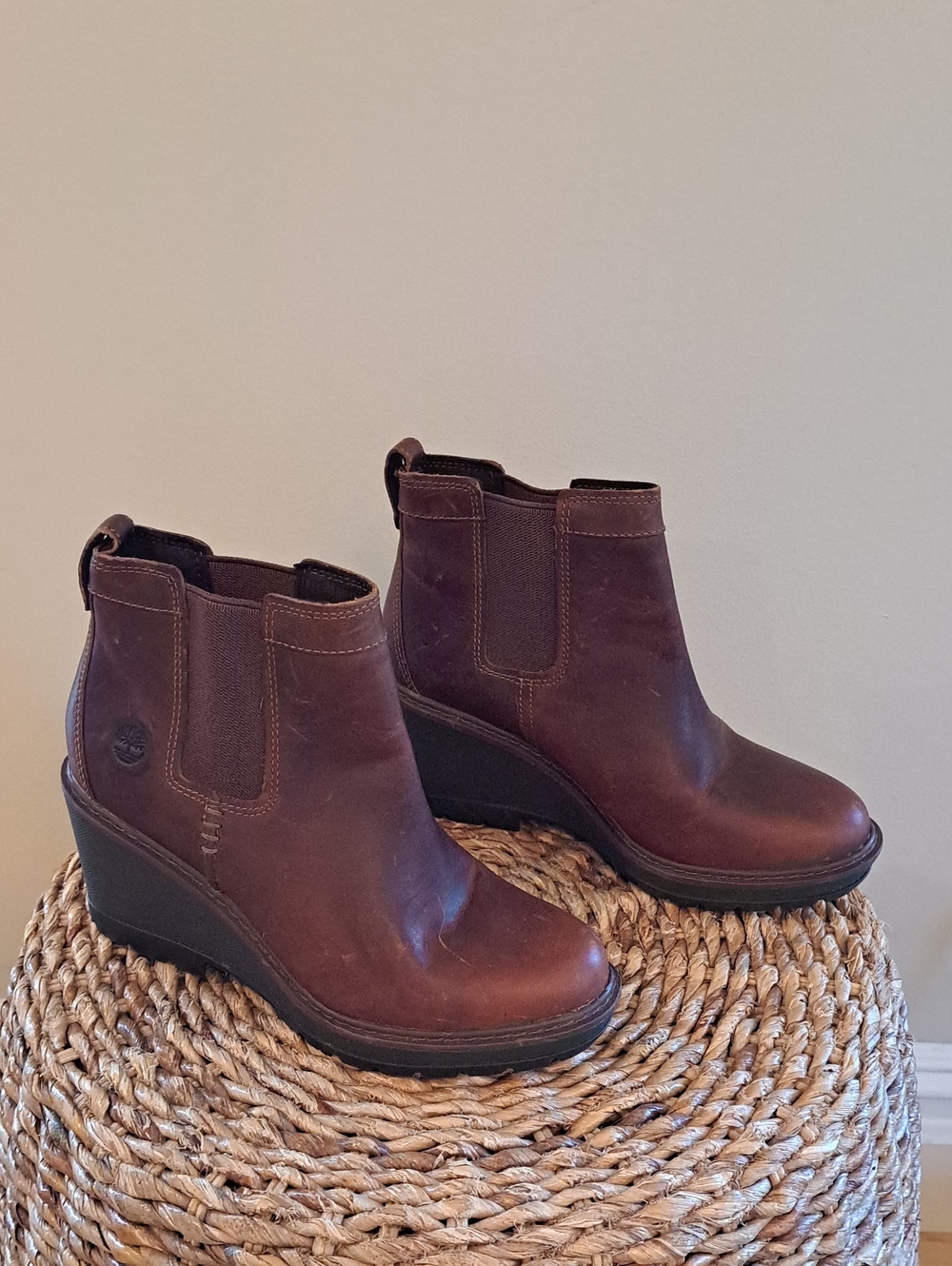 Timberland Women’s Brown Waterproof Leather Platform Wedge Ankle Booties 7.5